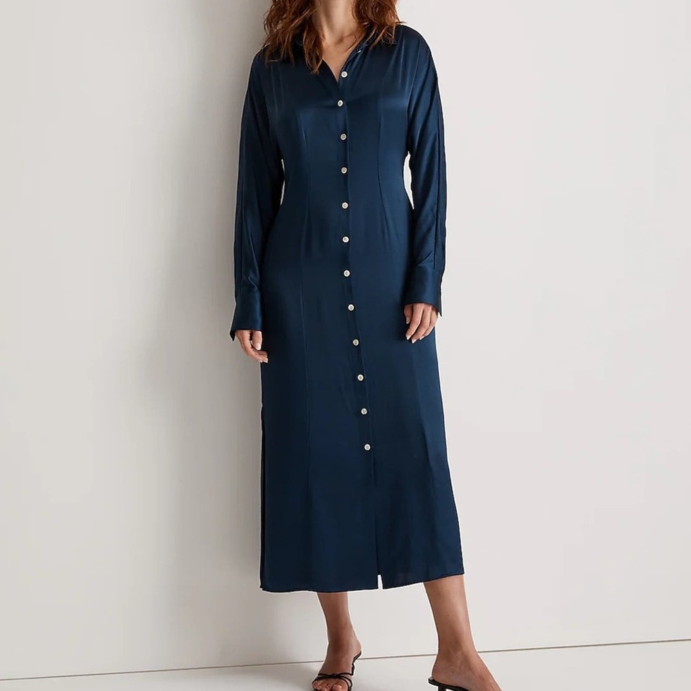 NWT Madewell Blue Satin Button-Front Midi Shirtdress 6